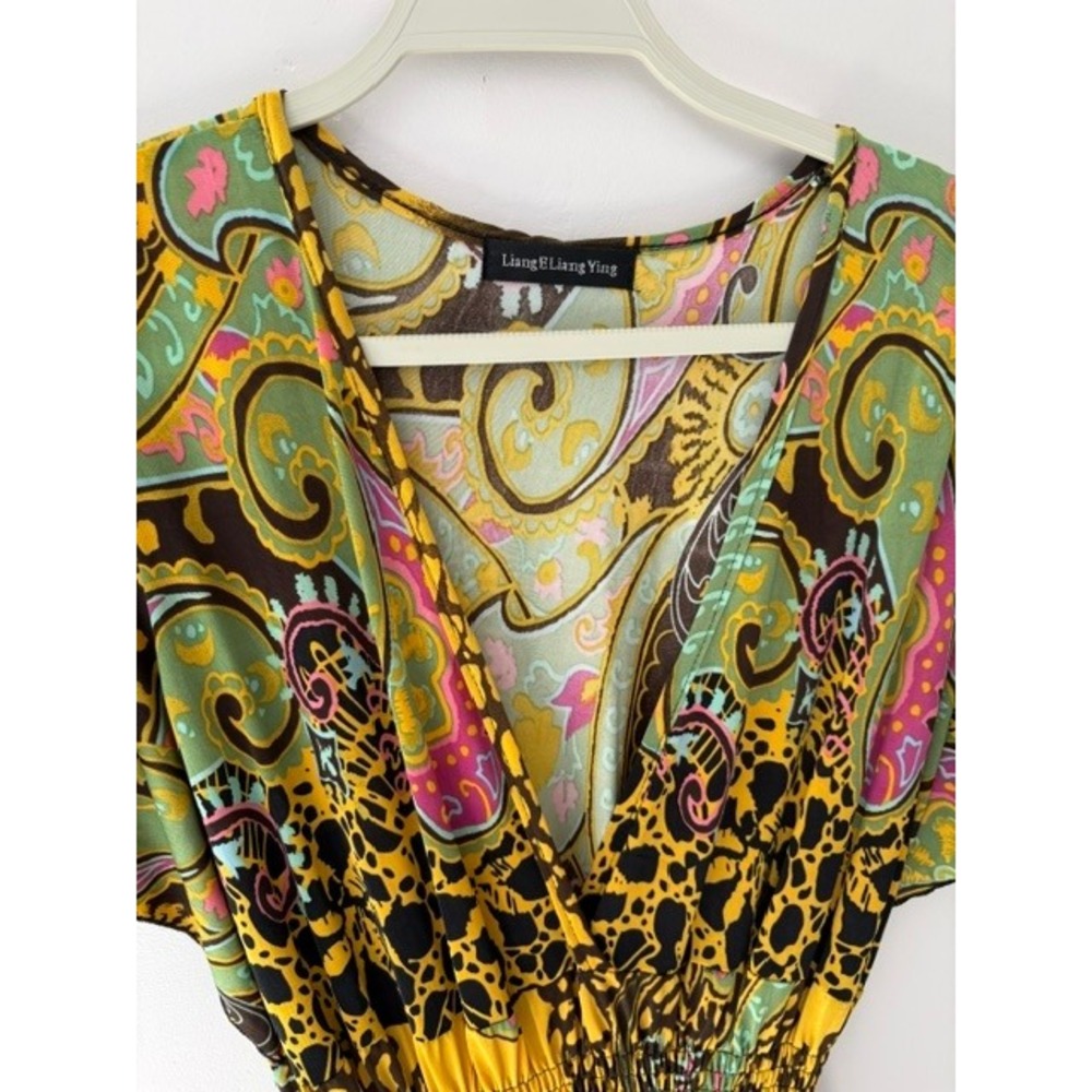 Liang E Liang Ying Yellow Paisley Leopard Print Smocked Waist Boho Maxi Dress - Picture 2 of 4